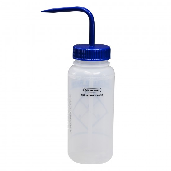 Bel-Art 带有2色的安全标签宽口蒸馏水洗瓶；500mL（16oz），聚乙烯，带有蓝色聚丙烯帽盖（6个/包）