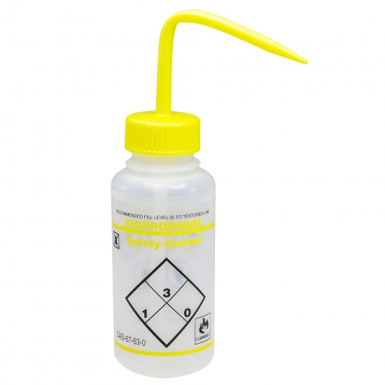 Bel-Art 带有2色的安全标签宽口异丙醇洗瓶；500mL（16oz），聚乙烯，带有黄色聚丙烯帽盖（6个/包）