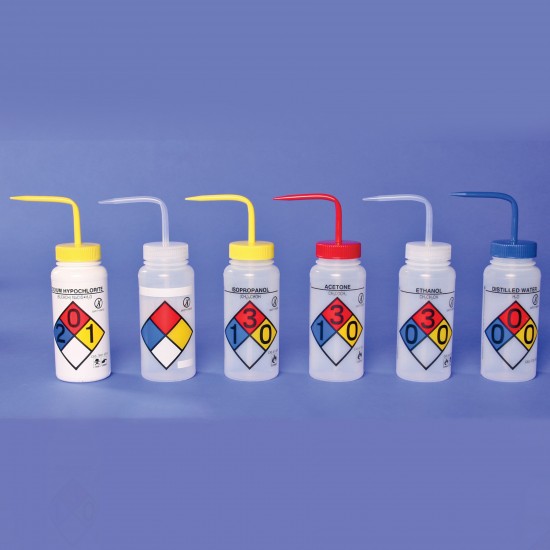 Bel-Art 带安全控制排放和四色安全标签的丙酮广口洗瓶；500mL（16oz），聚乙烯，带有红色聚丙烯帽盖（4个/包）