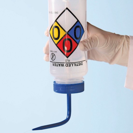 Bel-Art 带安全控制排放和四色安全标签的蒸馏水广口洗瓶；500mL（16oz），聚乙烯，带有蓝色聚丙烯帽盖（4个/包）