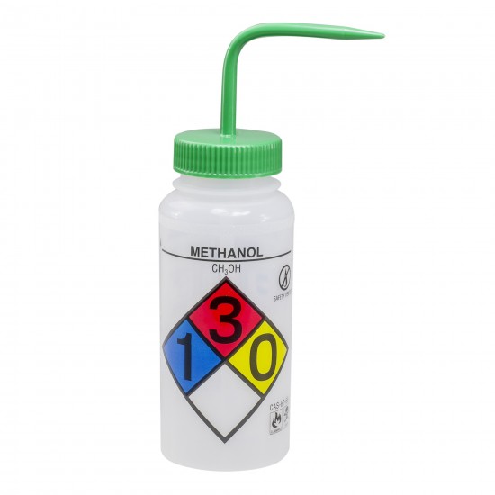 Bel-Art 带安全控制排放和四色安全标签的甲醇广口洗瓶；500mL（16oz），聚乙烯，带有绿色聚丙烯帽盖（4个/包）