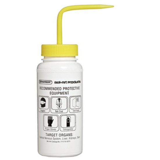 Bel-Art 知情权安全排气/贴标 4 色次氯酸钠（漂白剂）广口清洗瓶； 500 毫升（16 盎司），聚乙烯带黄色聚丙烯帽（4 件装）