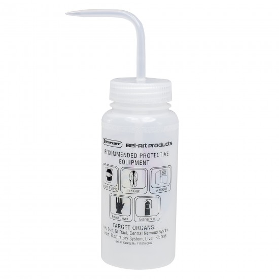 Bel-Art 带安全控制排放和四色安全标签的乙醇广口洗瓶；500mL（16oz），聚乙烯，带有白色聚丙烯帽盖（4个/包）