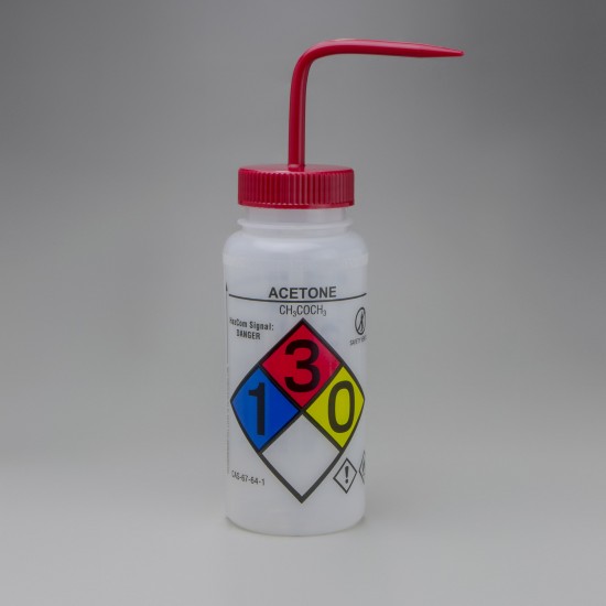 Bel-Art 带安全控制排放和GHS标签的丙酮洗瓶；500mL（16oz），聚乙烯，带有红色聚丙烯帽盖（4个/包）