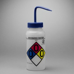 Bel-Art GHS Labeled Safety-Vented Deionized Water Wash Bottles; 500ml (16oz), Polyethylene w/Blue Polypropylene Cap (Pack of 4)
