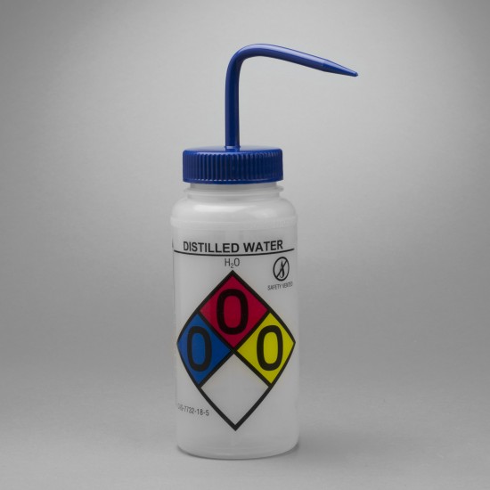 Bel-Art 带安全控制排放和GHS标签的蒸馏水洗瓶；500mL（16oz），聚乙烯，带有蓝色聚丙烯帽盖（4个/包）