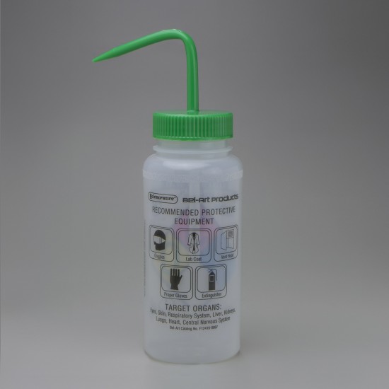 Bel-Art 带安全控制排放和GHS标签的乙酸乙酯洗瓶；500mL（16oz），聚乙烯，带有绿色聚丙烯帽盖（4个/包）