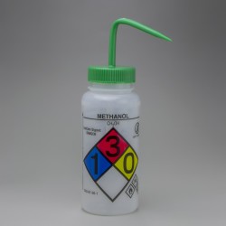 Bel-Art GHS Labeled Safety-Vented Methanol Wash Bottles; 500ml (16oz), Polyethylene w/Green Polypropylene Cap (Pack of 4)
