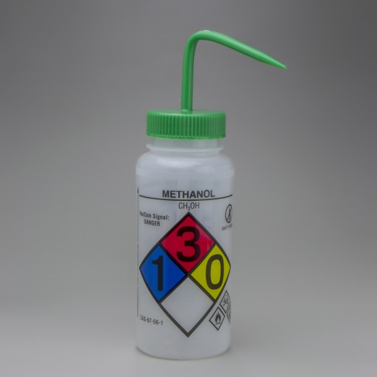 Bel-Art GHS贴带安全控制排放甲醇洗瓶；500ml（16oz），聚乙烯w/绿色聚丙烯盖（4件装）