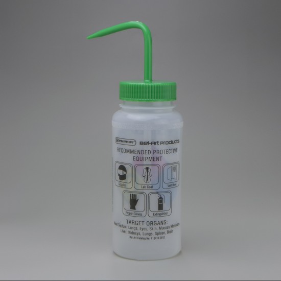 Bel-Art GHS标记的甲乙酮洗瓶；500ml（16oz），聚乙烯w/绿色聚丙烯盖（4件装）