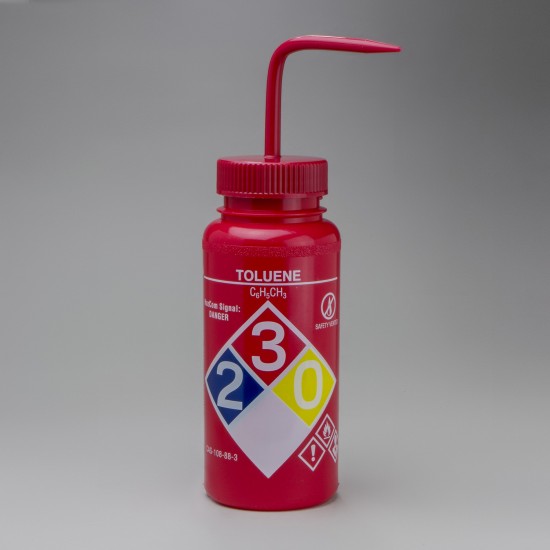 Bel-Art GHS标签甲苯洗瓶；500ml（16oz），聚乙烯w/红色聚丙烯盖（4件装）