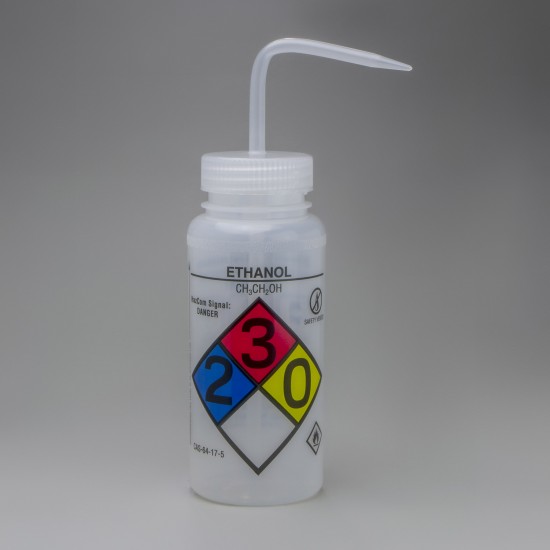 Bel-Art GHS贴带安全控制排放乙醇洗瓶；500ml（16oz），聚乙烯w/天然聚丙烯盖（4件装）