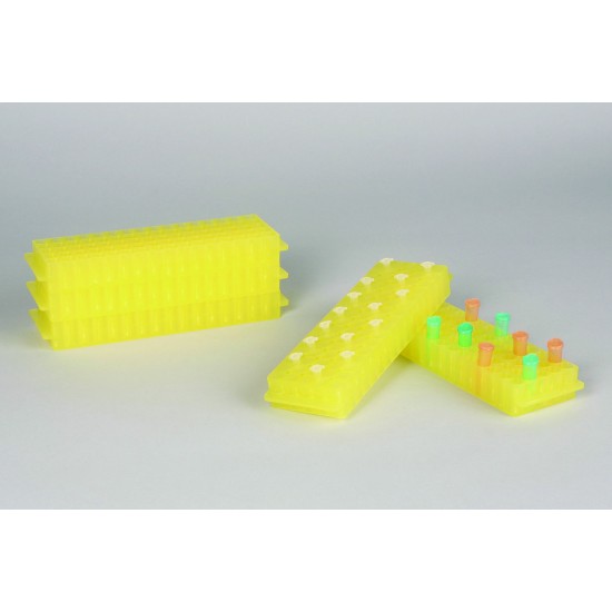 Bel-Art Reversible PCR and Microcentrifuge Tube Rack; For 0.2ml or 1.5-2.0ml Tubes, 80 Places, Yellow (Pack of 5)